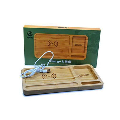 Wooden charging tray with compartments and wireless charging panel by brand Afghan Hemp