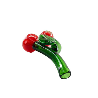 Glass cherry hand pipe with green stem, dual-bowl design, easy to clean with rubbing alcohol