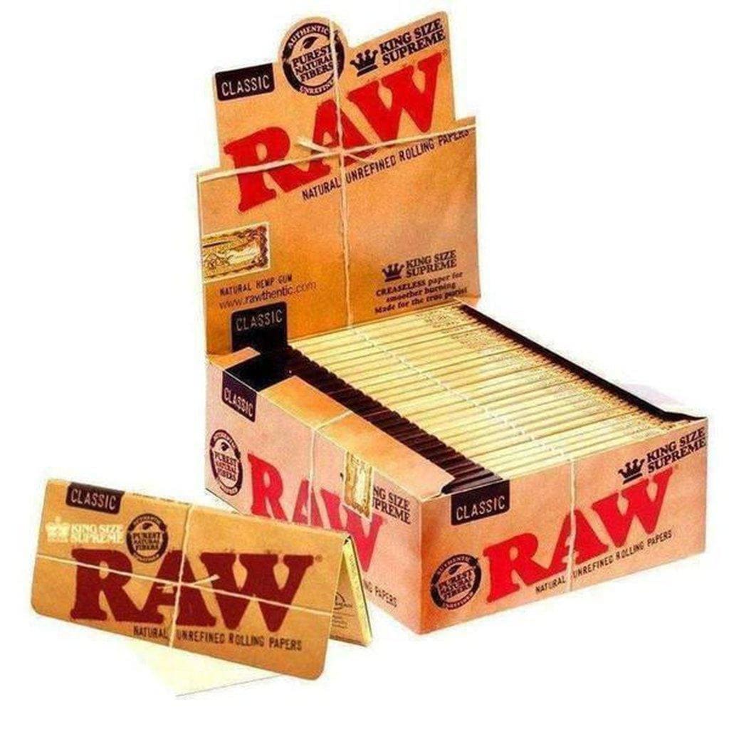 Raw Classic Creaseless Kingsize Supreme Rolling Papers in a box with individual packs