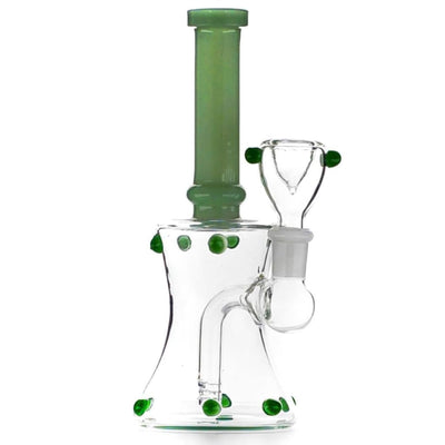 Beaded mini bong with glass beaded body, slide bowl, green accents, and tall neck