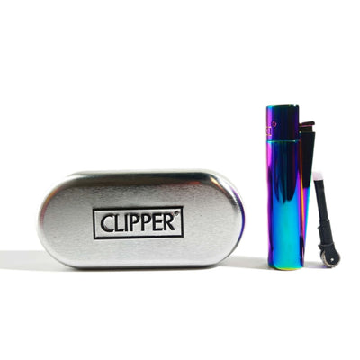 Clipper Metal Icy lighter with polished rainbow chrome finish next to branded case