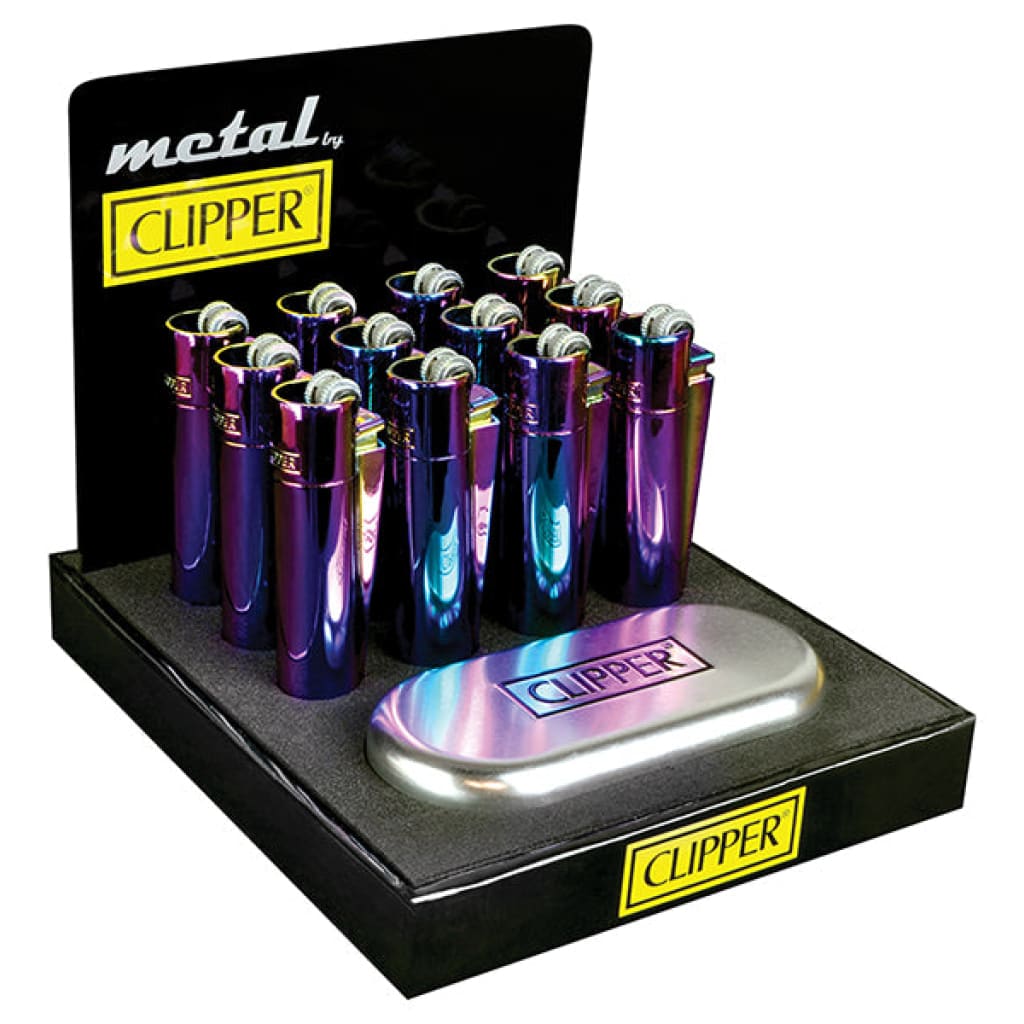 Display stand with Clipper Metal Icy Lighters in polished rainbow chrome finish