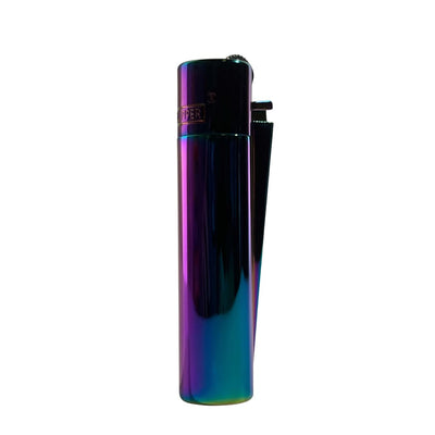 Clipper Metal Icy Lighter with polished rainbow chrome finish and sleek cylindrical shape