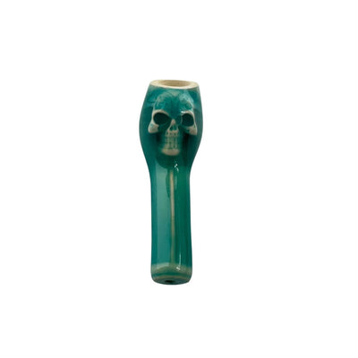 Turquoise ceramic skull-shaped pipe for young smokers from Colombian ceramic pipes collection