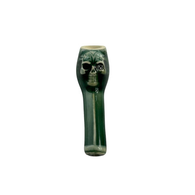 Glass pipe with skull design, part of Colombian Ceramic Pipes for young smokers