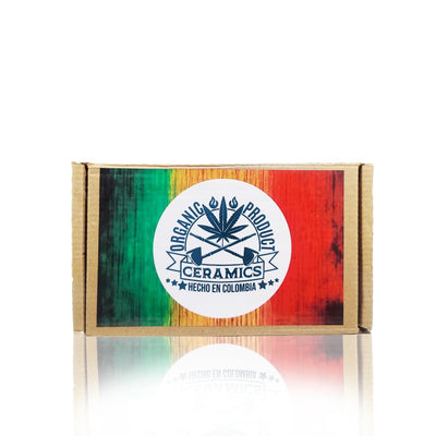 Cardboard box with colorful logo for Organic Product Ceramics, featuring Colombian ceramic pipes