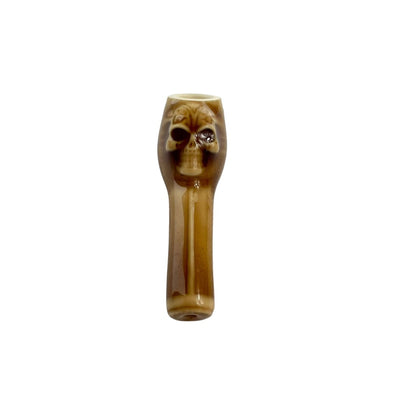 Skull-shaped Colombian Ceramic Pipe with smooth finishes for young smokers in brown-gold