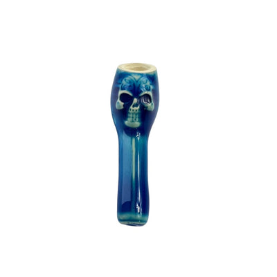 Blue glass pipe with skull design in Colombian Ceramic Pipes for young smokers