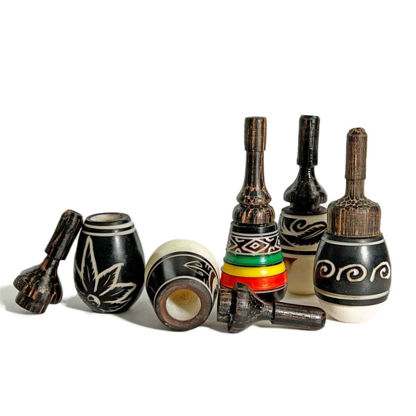 Decorative wooden mate gourds and bombillas for discreet smoking with Colombian Tagua Seed