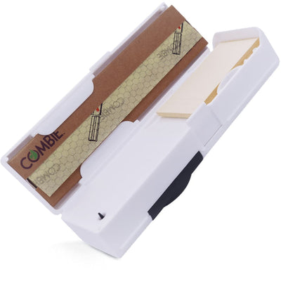 All-in-one dry herb grinder kit with white plastic case and honeycomb rolling papers