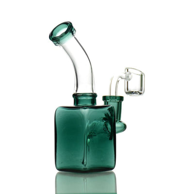 Compact 5 Cube Rig: Translucent Green 14mm Banger Water Pipe with Square Base and Curved Neck