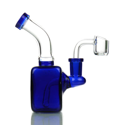 Compact blue glass water pipe with curved neck and 14mm banger for optimal use