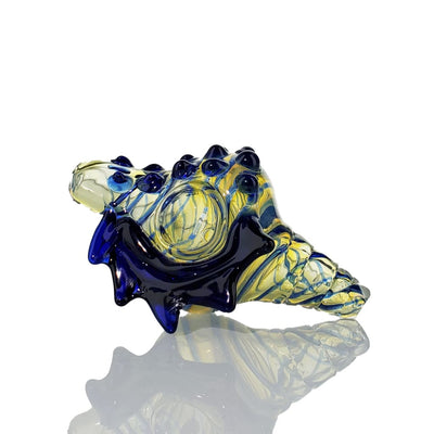 Maroon Conch Shell Pipe in borosilicate glass with colorful swirling blue and yellow patterns