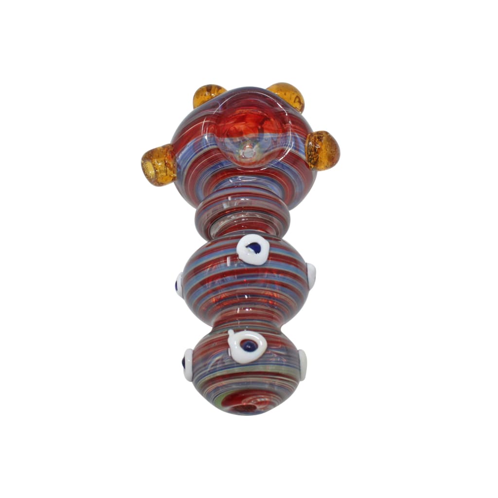Vibrant red blue amber glass continuous stripe pipe with deep bowl and eyes