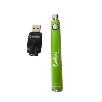 Green cylindrical vape pen battery with ’Cookies’ branding and USB, thread compatible, pre-heat mode