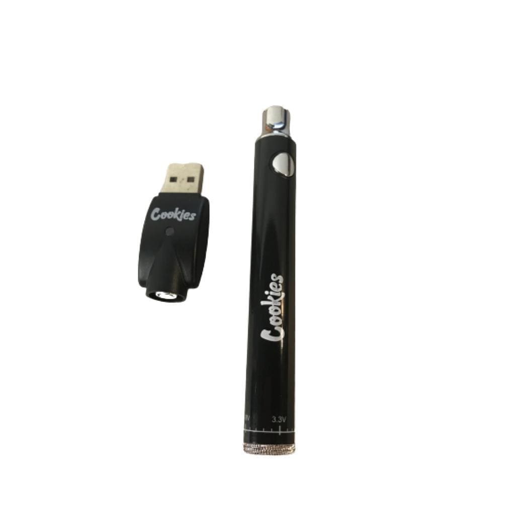 Black vape pen battery with Cookies branding, USB charger, thread compatible, pre-heat mode