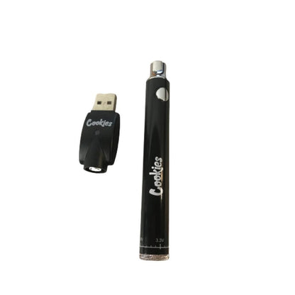 Black vape pen battery with Cookies branding, USB charger, thread compatible, pre-heat mode