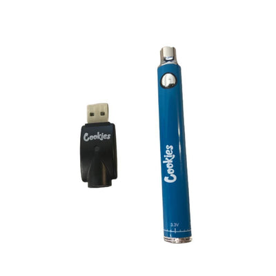 Blue thread compatible vape pen battery with ’Cookies’ branding and USB charger in pre-heat mode