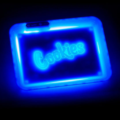 Blue LED-lit acrylic single rolling tray with glowing cookies text, 6 colors quick charge USB-C port