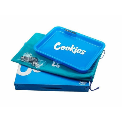 Bright blue acrylic single rolling tray with cookies logo, USB-C port, quick charge, 6 colors