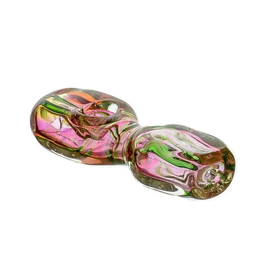 Cubic glass spoon with flat square design, swirling pink and green colors inside