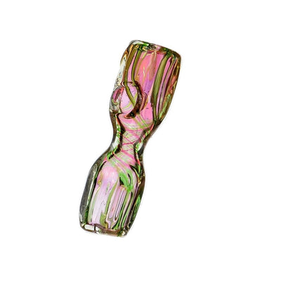Abstract glass sculpture in pink and green with flat square design from Cubic Glass Spoon