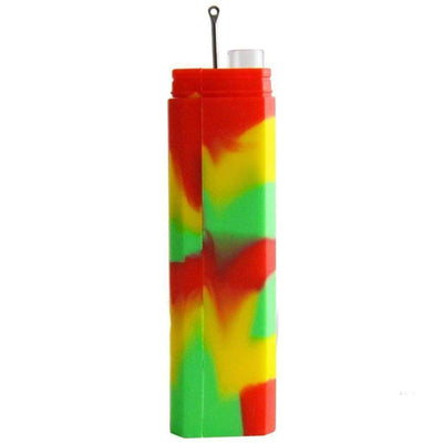 Multi-colored silicone lighter case with red, yellow, and green pattern for glass straw use