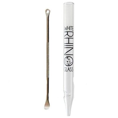 White glass snuff tube and metal scooping tool in Dabout Container with Glass Straw