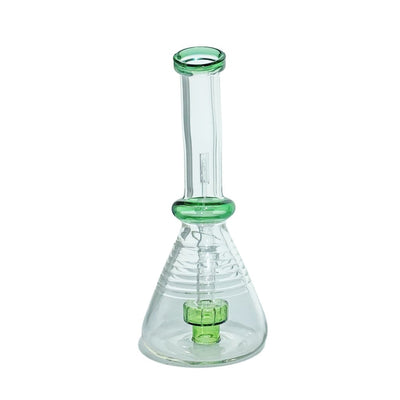 Glass bong with green accents and conical base, featuring multiple chambers and a fixed downstem