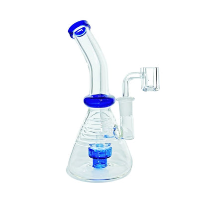 Cutting-edge glass water pipe with blue accents, multiple chambers, and fixed downstem