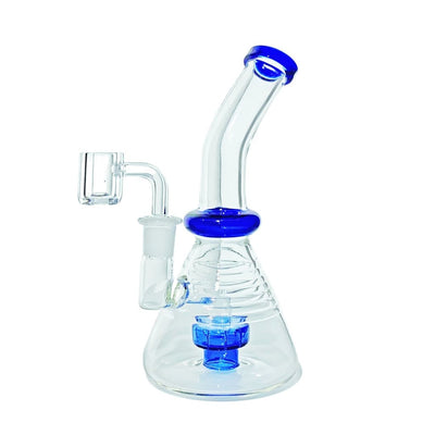 Cutting-edge water pipe with fixed downstem, blue accents, and multiple chambers
