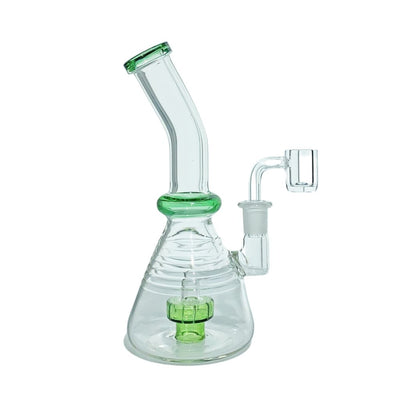 Cutting-edge water pipe with green accents, curved neck, fixed downstem, multiple chambers