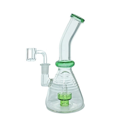 Cutting-edge glass water pipe with curved neck, green accents, multiple chambers, fixed downstem