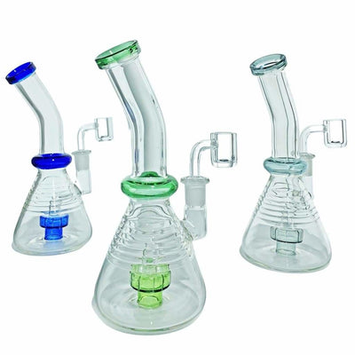 Cutting-edge water pipe with multiple chambers and fixed downstem, colored accents, percolators