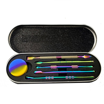 Colorful Dab Tool Travel Kit showcasing metal tools in a black case for easy organization