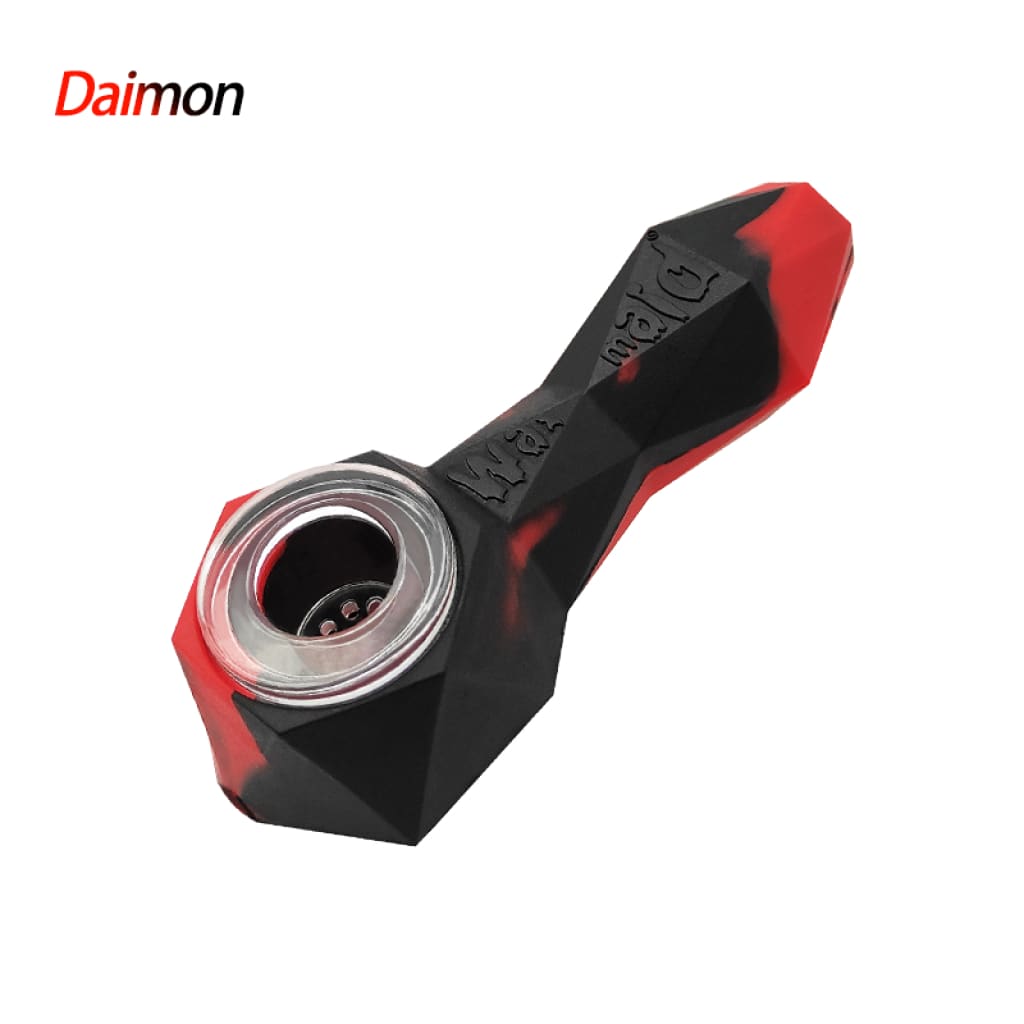 Red and black faceted Waxmaid Daimon silicone hand pipe for durable smoking experience