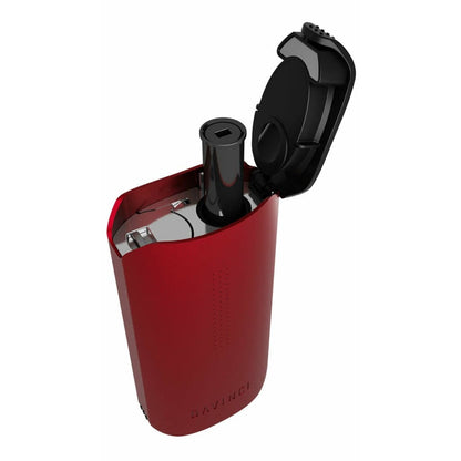 Red Davinci Iqc Vaporizer with open lid showing internal components and temperature control