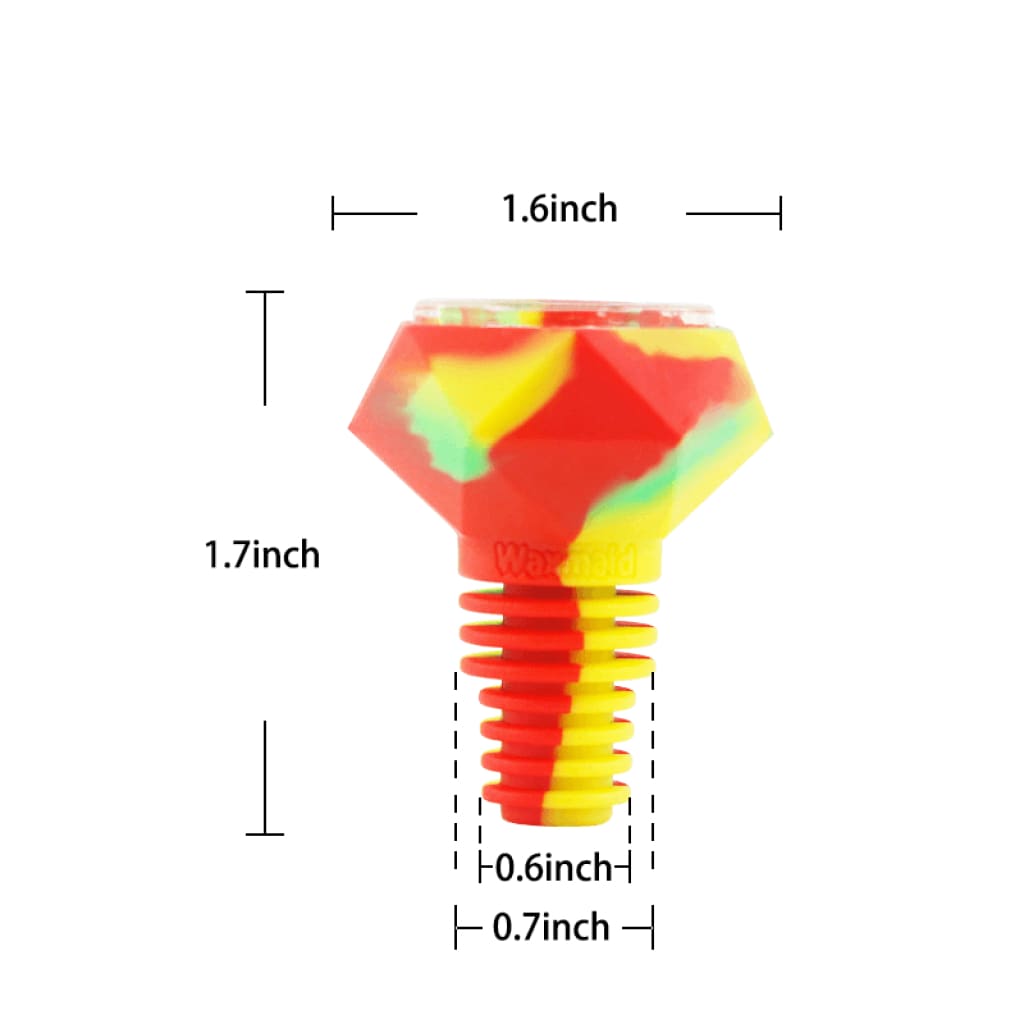 Colorful silicone screw-shaped dab container with red, yellow, and green swirls for durable silicone body