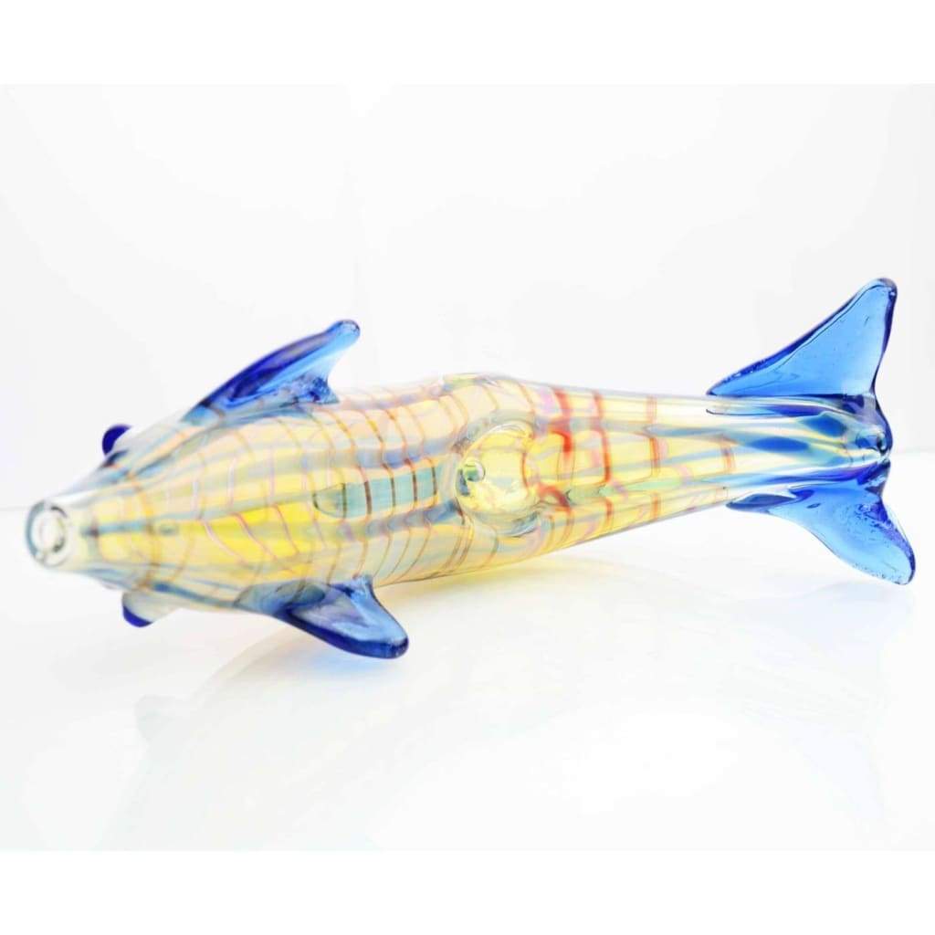 Perfect dolphin 5-inch glass pipe with blue fins and internal details, personal smoking bowl