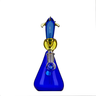 Decorative blue and yellow glass recycler bong with an ornate stopper, high-quality borosilicate