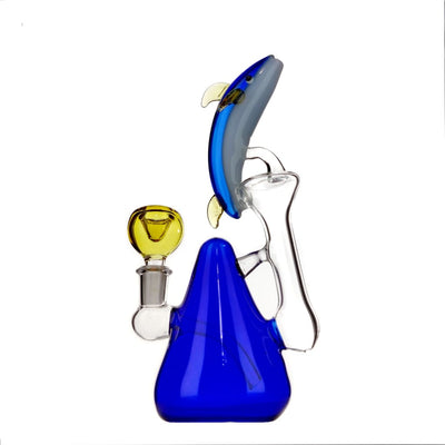 Glass recycler bong: Dolphin-shaped high-quality borosilicate glass with blue base, yellow bowl