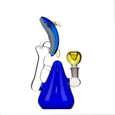 Glass recycler bong shaped like a dolphin, high-quality borosilicate glass, blue base, yellow bowl