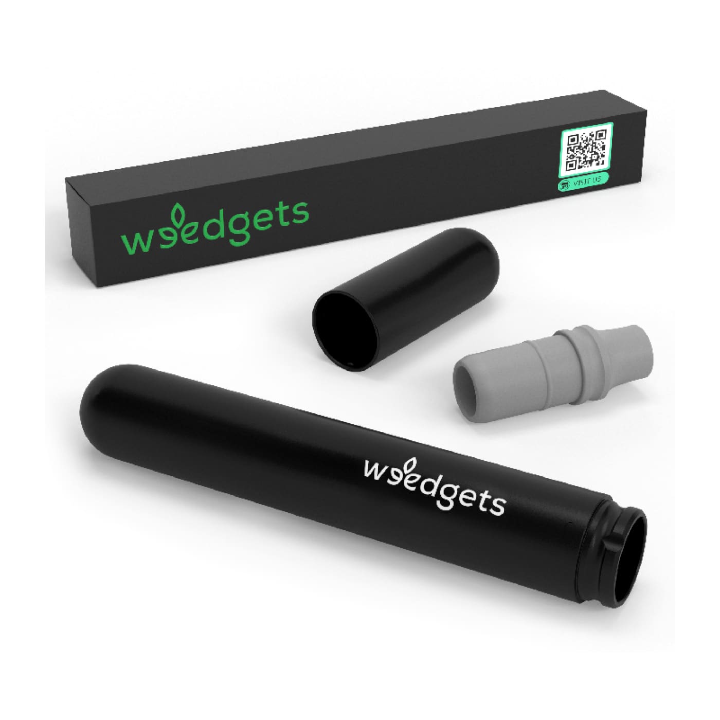 Cylindrical black vaporizer with Weedgets brand, packaging, Aluminum Doob Tube Weed Pipe