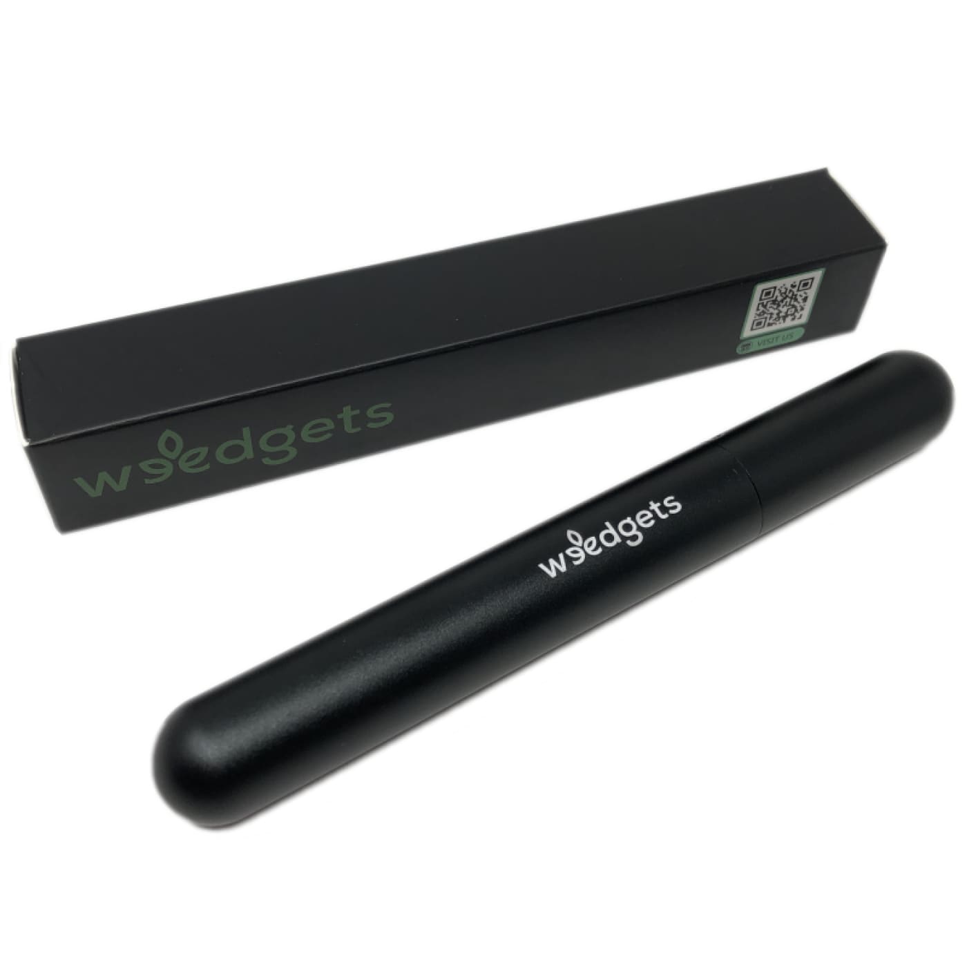Black electronic vaporizer pen with ’wedgets’ branding next to Aluminum Doob Tube Weed Pipe