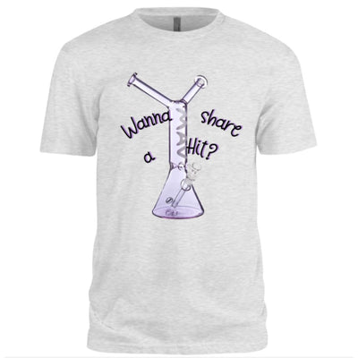 Dope art tee with graphic bong design and text ’Wanna share a hit?’ featuring Mav Glass Piece