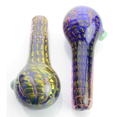 Elegant hand-blown glass spoon pipe with attached bowl and colorful swirled patterns