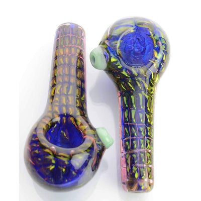 Elegant hand-blown glass spoon pipe with colorful patterns and blue attached glass bowl