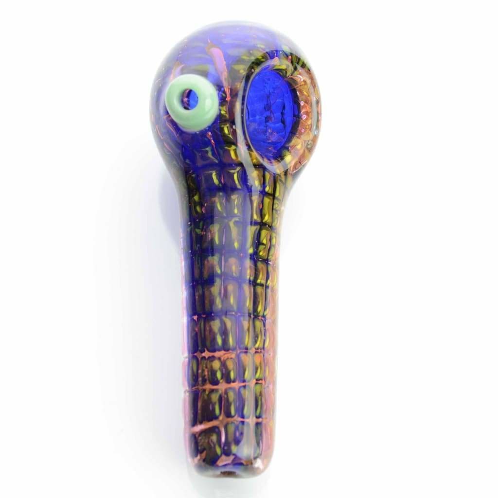 Elegant Hand-blown glass spoon pipe with colorful patterns and attached glass bowl