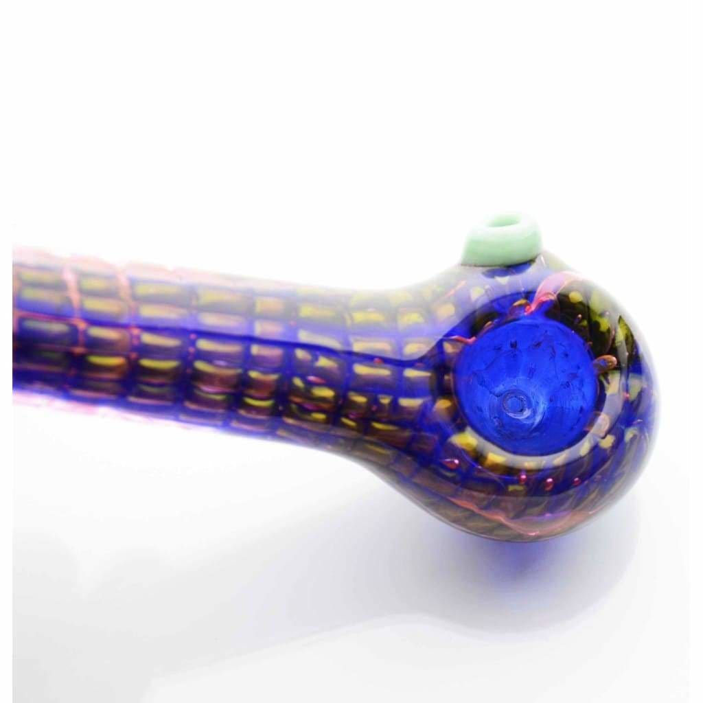 Elegant glass spoon pipe with intricate patterns and attached blue glass bowl