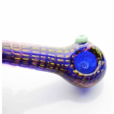 Elegant glass spoon pipe with intricate patterns and attached blue glass bowl
